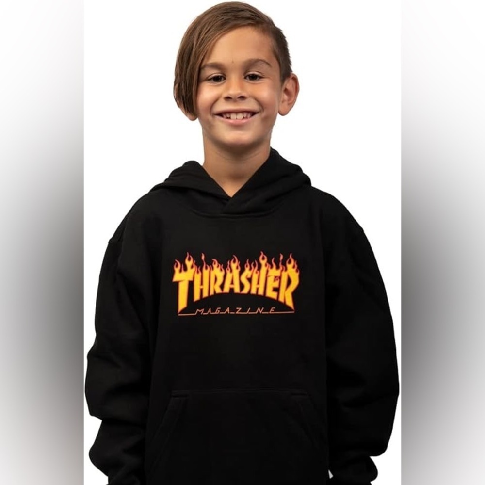 Thrasher Magazine Black Hoodie with Flame Logo Size M (boys 7)